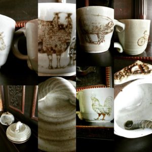 a variety of silkscreen images on mugs and ceramic vessels
